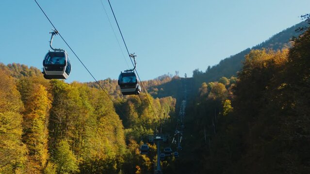 Cable road in sunny day surrounded by gorgeous autumn forest. funicular cabins moving over the magnificent caucasian mountains. tree tops are painted in bright fall colours.
