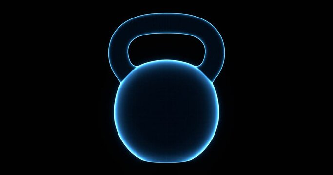 3d Render Animation Iron Kettlebell Hologram Spinning. Sport And Fitness Concept