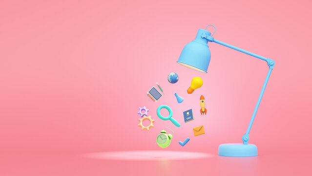 table lamp shine stationery pastel float learning school kids clock light bulb study children pink background. creative education imagination and inspiration concept. clipping path. 3D Illustration.