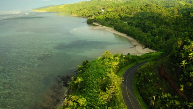 Aerial Panning Beautiful View Of Beach By Ocean, Drone Flying Forward Over Green Plants On Island - Suva, Fiji