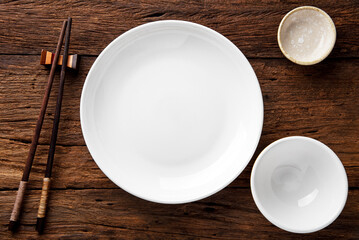  ceramic set blank dish (plate) with bowl and chopsticks on dark table