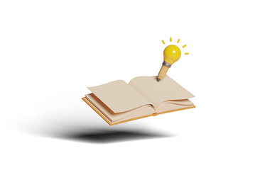 yellow light bulb with pencil, open book isolated. idea tip education, knowledge creates ideas concept, minimal abstract, 3d illustration, 3d render