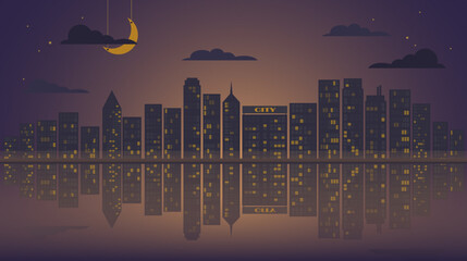 City panorama with reflection in water. Silhouettes of houses and skyscrapers with lights in windows, lilac orange sunset sky and clouds, crescent and stars, flat style vector illustration, banner
