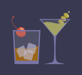 Alcoholic cocktails: martini with olives and old fashioned with ice and maraschino in flat style on purple background, vector illustration