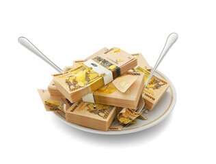 3D rendering of Ugandan shilling notes on plate. Money spent on food concept. Food expenses, expensive meal, spending money concept. eating money, misuse of money