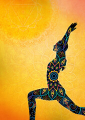 전사자세, 마니푸라, 차크라, 영웅자세, 요가, 명상, 이미지, 배경, 노랑, virabhadrasana, Manipura, Chakra, 여성