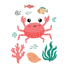 Childish illustration with cute crab,  fish, seashell and seaweed. Creative kids hand drawn composition for posters, cards, prints for wallppaper, t-shirts, pillows, mugs. Vector graphics.