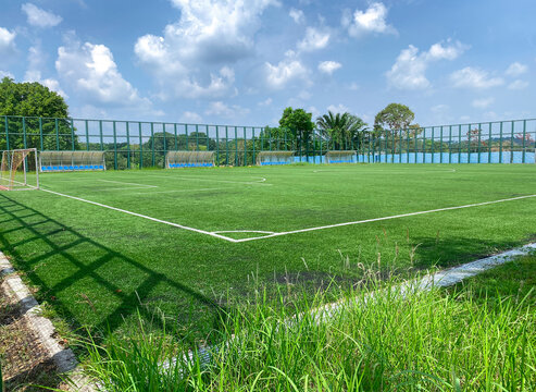 Super Wide Angle View Of Open Spacious Futsal Field In HDB Heartland In Singapore. Community Football Pitches In Local Neighbourhoods To Encourage People To Engage In Active Healthy Lifestyle.