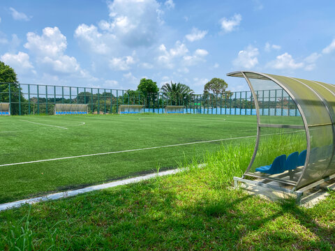 Super Wide Angle View Of Open Spacious Futsal Field In HDB Heartland In Singapore. Community Football Pitches In Local Neighbourhoods To Encourage People To Engage In Active Healthy Lifestyle.