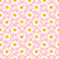 Trippy grid seamless pattern with flowers in 1970 style. Childish characters print with emotions. Kids illustration for decor and design.