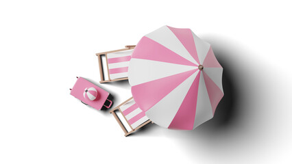 summer travel with suitcase, beach chair, umbrella, ball isolated. concept 3d illustration, 3d render © sirawut