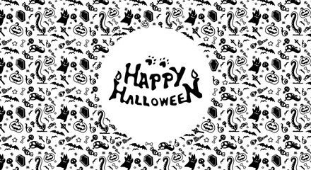 Obraz premium Halloween festive seamless pattern. Endless backgrounds with pumpkins, skulls, bats, spiders, ghosts, bones, candies, spider webs and many more.