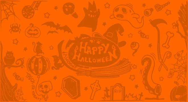 Halloween symbols for background, backgrounds with pumpkins, skulls, bats, spiders, ghosts, bones, candies, spider webs and many more.