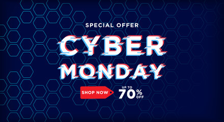 Cyber monday promo banner with lines on glitch screen. . Advertising poster or banner design with abstract elements on blue background.