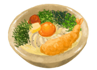 Japanese udon noodle shrimp tempura with seaweed and scallion illustration hand painting, cured egg