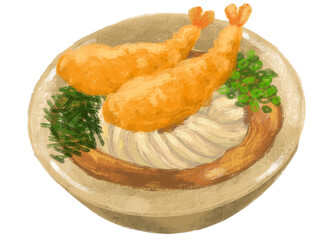 Japanese udon noodle shrimp tempura with seaweed and scallion illustration hand painting