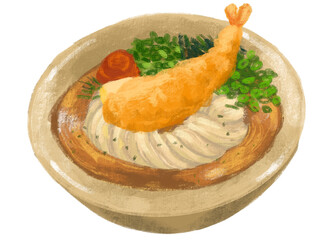 Japanese udon noodle shrimp tempura with seaweed and scallion illustration hand painting