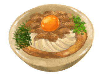 Beef udon noodle soup Japanese food illustration  hand drawing art