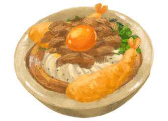 Japanese udon noodle beef shrimp tempura with seaweed and scallion illustration hand painting art