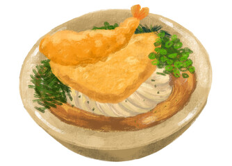 Inari shrimp tempura udon noodle soup Japanese food illustration  hand drawing art