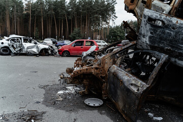 15.07.2022, Irpin Remains of the civil cars which was shot up and burned out by Russian soldiers...