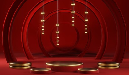 3D rendering of blank product background for cream cosmetics Modern red podium background