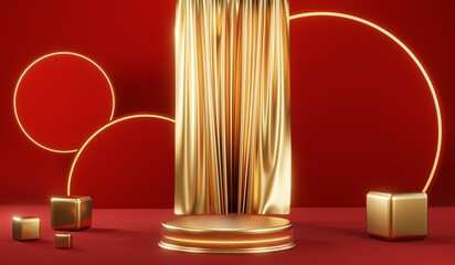 3D rendering of blank product background for cream cosmetics Modern red podium background