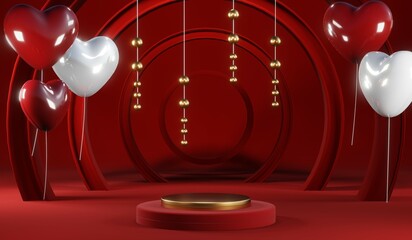 Fototapeta premium 3D rendering of blank product background for cream cosmetics Modern red podium background