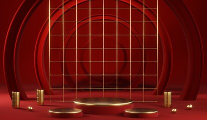 3D rendering of blank product background for cream cosmetics Modern red podium background