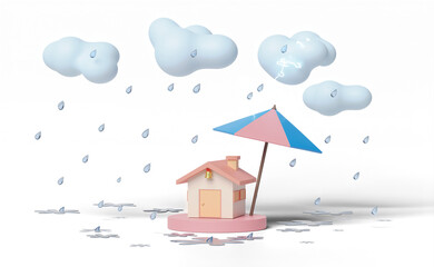 stage podium empty with house, umbrella, cloud, drop rain water, thunder isolated. protection and security concept, 3d illustration or 3d render