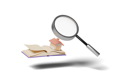 house with magnifying glass, handbook isolated. online shopping, search data concept, 3d illustration, 3d render