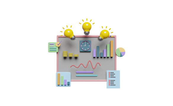 charts graph with yellow light bulb, analysis business financial data, check list isolated. online marketing business, tip and idea, strategy concept, 3d illustration, 3d render