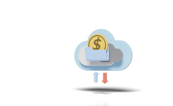 cloud folder with arrow, money coin isolated. cloud storage download, upload, data transfering, datacenter connection network concept, 3d illustration, 3d render