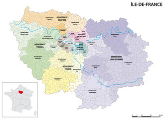 Detailed administrative map of the Ile-de-France region, France