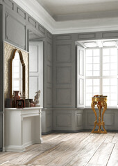 Classic interior of an aristocratic salon with mirror and sculptures, empty, vintage, 3d rendering, 3d illustration	
