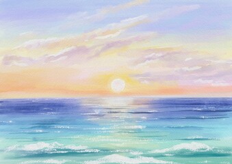 Fototapeta na wymiar Sunset over the sea. Seascape illustration.