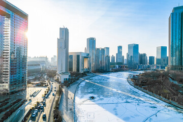 Urban skyscrapers under blue skies