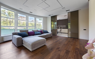large bright living room with sliding doors to the kitchen, living room in a modern apartment with a large gray sofa