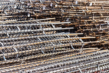 Reinforcing cages for bored piles stacked at the construction site. Reinforcement of reinforced concrete piles.