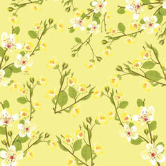 Elegant seamless pattern yellow canola flowers. Botanical design for printing. Endless repeatable floral backdrop on yellow background. Hand drawn detailed vector illustration
