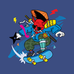 Vector illustration oni ninja playing skateboard