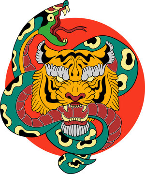 Vector illustration tattoo tiger bite snake
