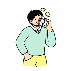 A man drinking a cup of coffee.  Hand drawn style vector doodle design illustration.