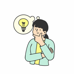 A woman thinking good ideas. hand drawn style vector doodle design illustration.