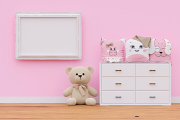 Mockup picture frame in kid bedroom. 3d rendered illustration.
