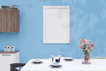 3d rendered illustration of a mockup picture frame in a dinning room.