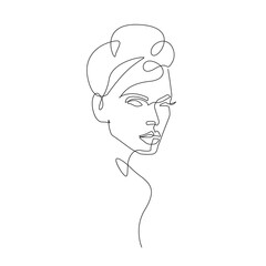 Woman Face Modern Continuous One Line Drawing. Female Art Print Line Drawing Sketch Illustration. Woman Face Modern Print. Minimalist Female Contour Art Design. Vector EPS 10.