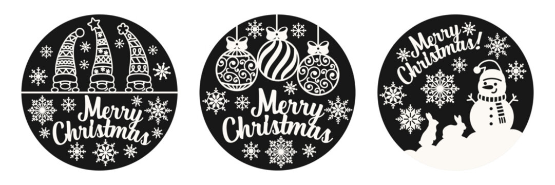 Merry Christmas door round sign with gnome and snoman. Isolated vector on black background. Door hanger, winter poster, quote for print, Xmas greeting card.