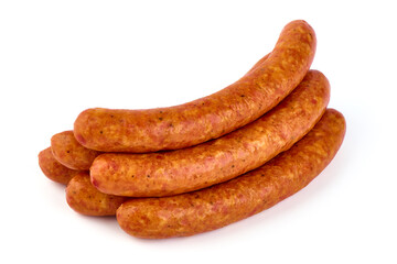 Dried pork sausages, isolated on white background.
