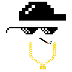 pixel glasses, gold chains, hats and cigarettes, gangsta features vector illustration